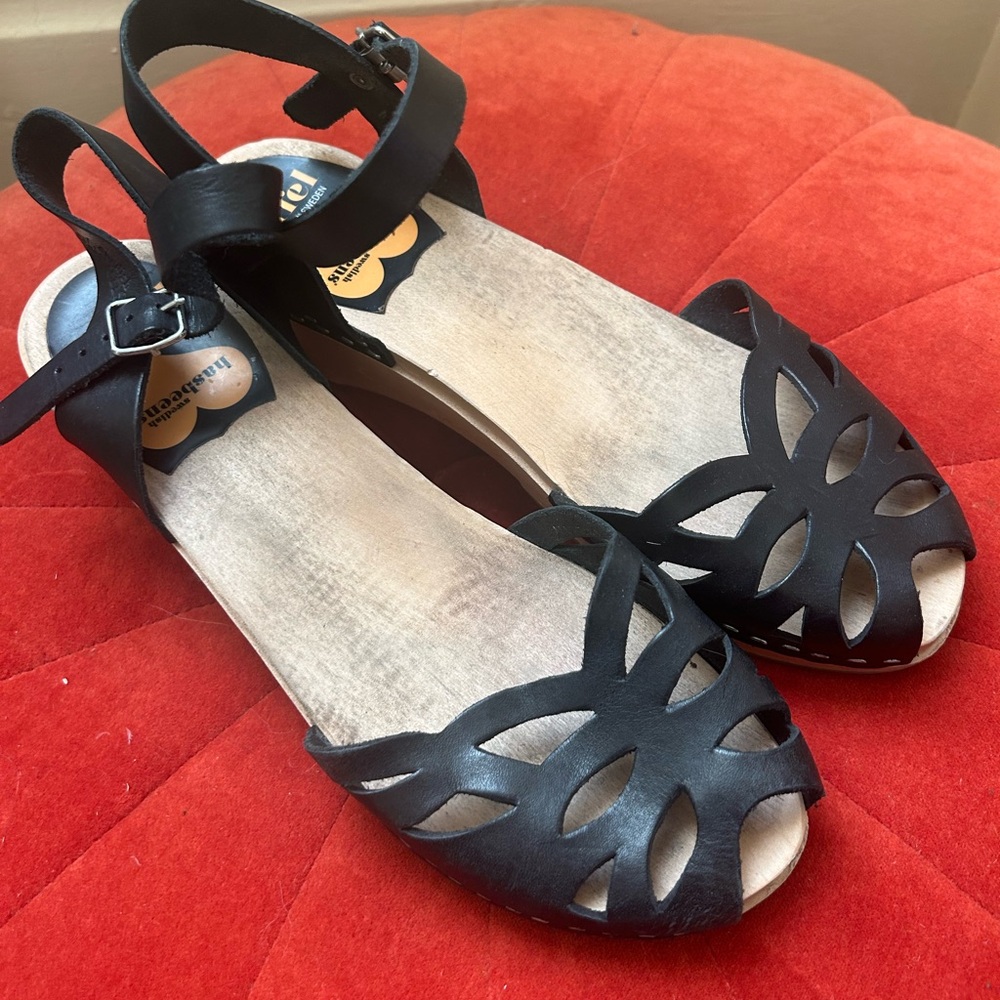 Swedish hasbeens toffel wood clogs Black Leather Sandals wooden sole shoe 39 8.5
